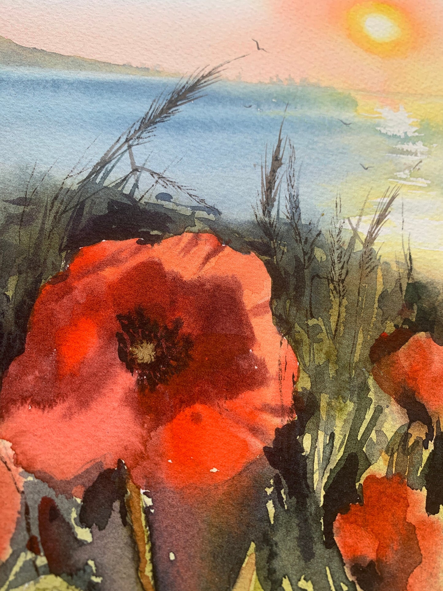 Poppy Field Painting Watercolor Original, Red Flowers Wall Decor, Botanical Artwork, Gift, Kitchen Wall Art