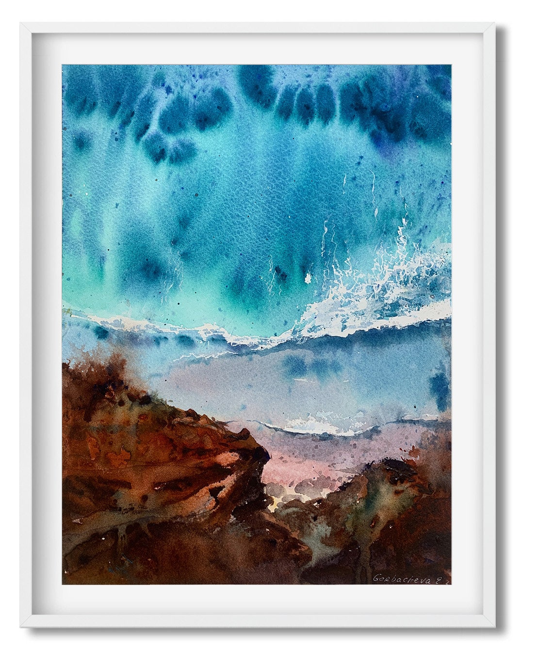 Abstract Coast Painting Original, Watercolor Small Artwork, Waves and Rocks Seascape, Sea Wave, Coastal Wall Art, Gift