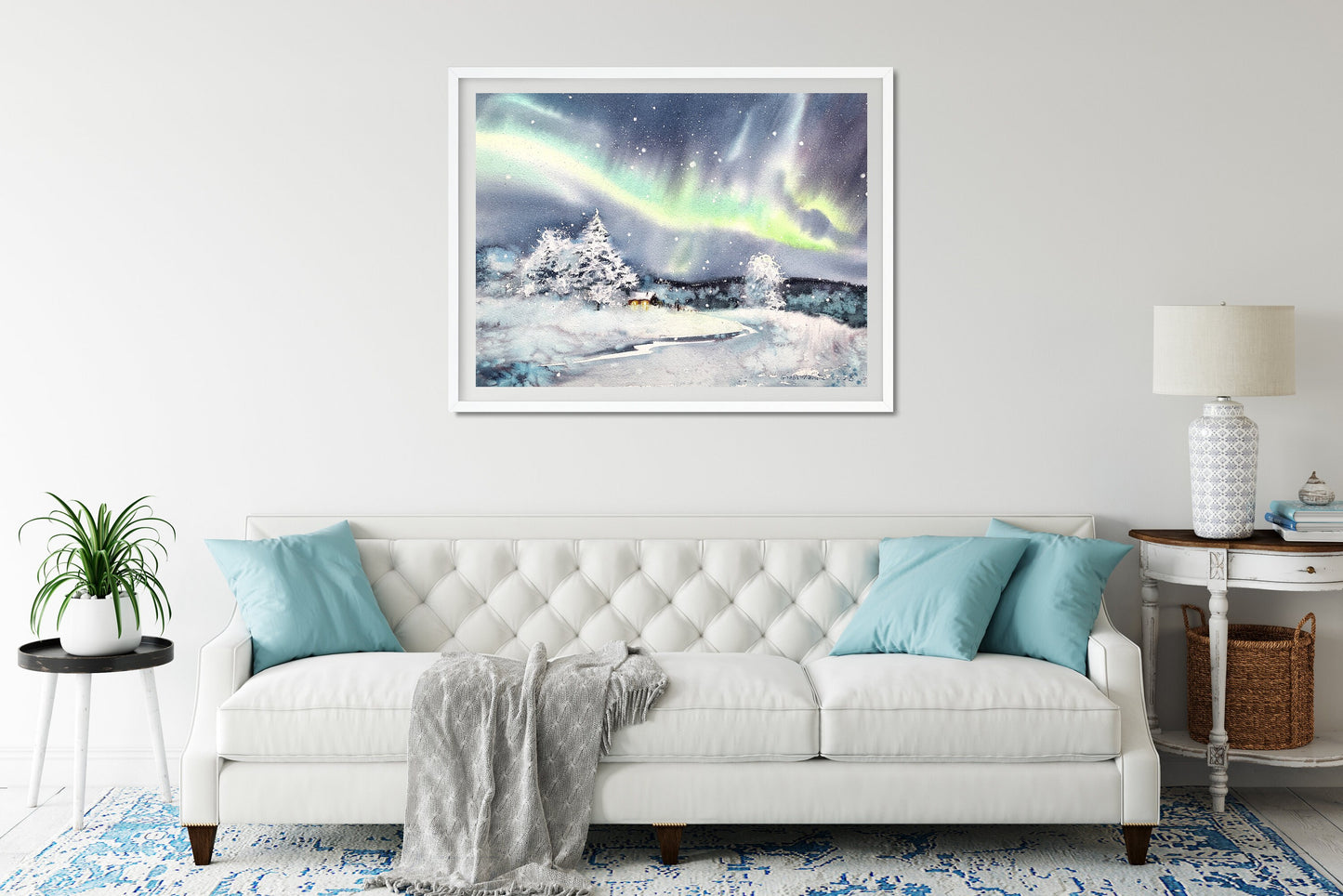 Christmas Art Print, Winter Landscape, Watercolor Aurora Borealis, Northern Lights Wall Art, Night Sky, New Year Decor