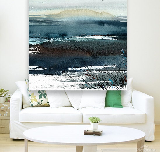 Abstract Landscape Square Painting on Canvas, Watercolor Art Print, Contemporary Wall Art, Navy Blue, Living Room Decor