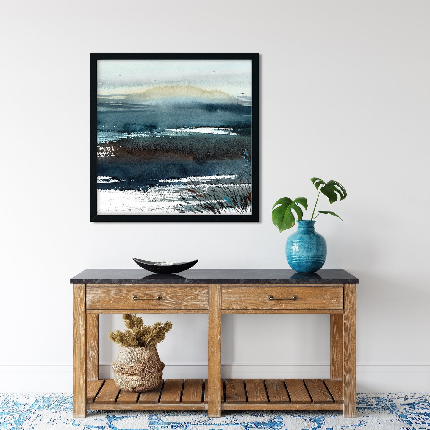 Abstract Landscape Square Painting on Canvas, Watercolor Art Print, Contemporary Wall Art, Navy Blue, Living Room Decor