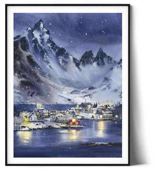 Lofoten Island Print, Red House Art, Winter Landscape, Norway Fjord, Christmas Home Wall Decor, Gift for Home