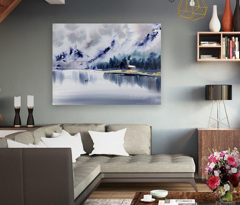 Mountain Lake House, Abstract Wall Art, Watercolor Landscape Painting, Giclee Canvas Prints, Blue, Home Wall Decor