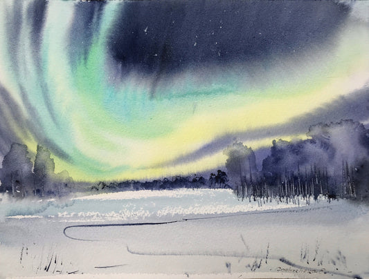 Northern lights Small Painting, Watercolor Original, Snow Wall Art, Winter Landscape, Aurora Borealis, Christmas Gift