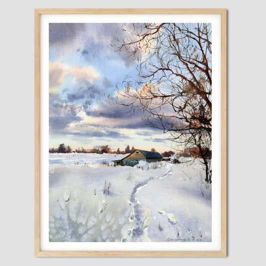 Winter Farmhouse Print, Watercolor Rustic Painting, Home Wall Decor, Country Canvas Print, Snowy Field Trees, Gift for Home