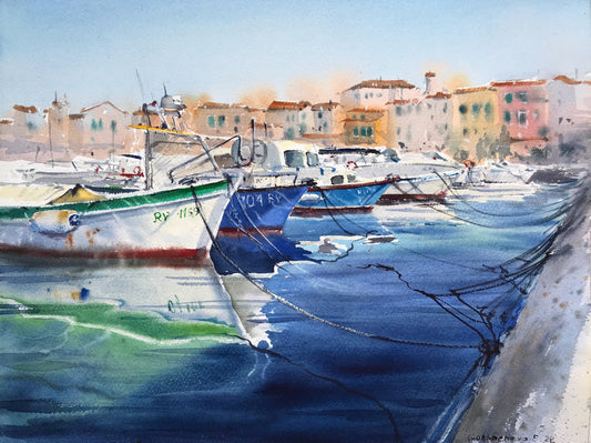 Boat Pier Painting Original Watercolor, Croatia Artwork, Coastal City Art, Travel Gift, Blue Sea, Boats, Greece, Cyprus