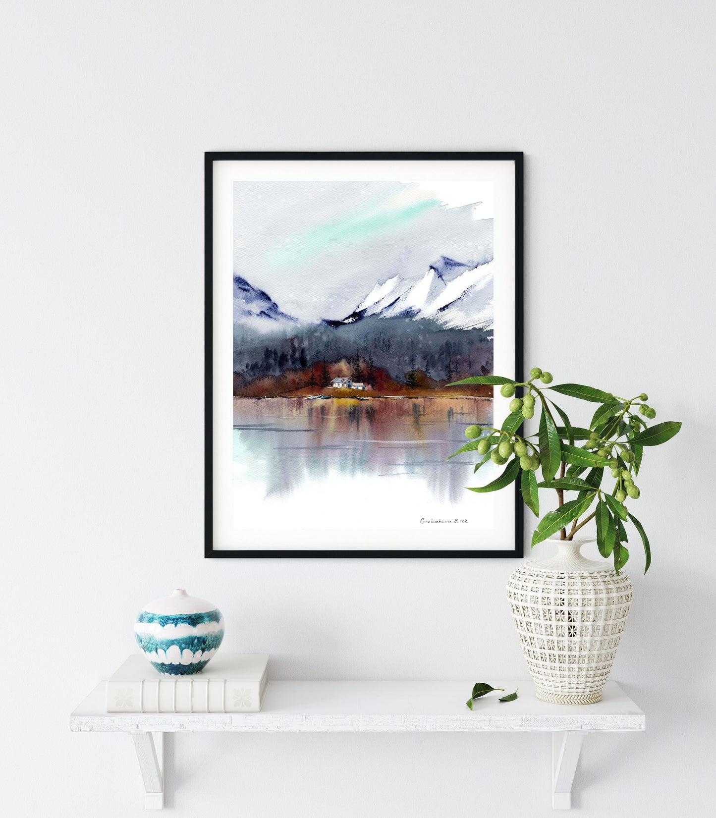 Mountain Lake Print, Fall Nature Wall Art, Abstract Landscape Painting, Contemporary Home Wall Decor, Fine Art Print
