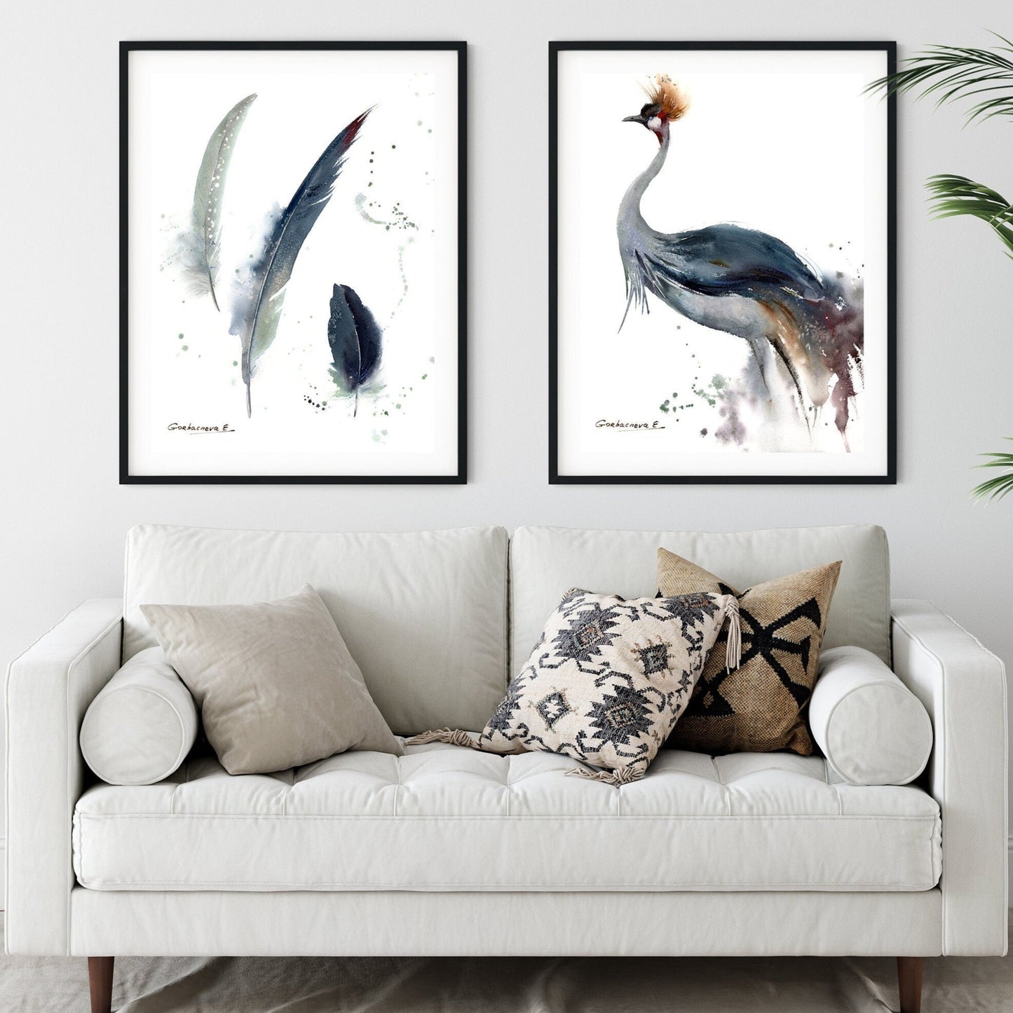 Bird Print Set of 2 Piece, Watercolor Art Prints, Grey Crowned Crane, Minimalist Wall Decor, Feather Tropic Decoration