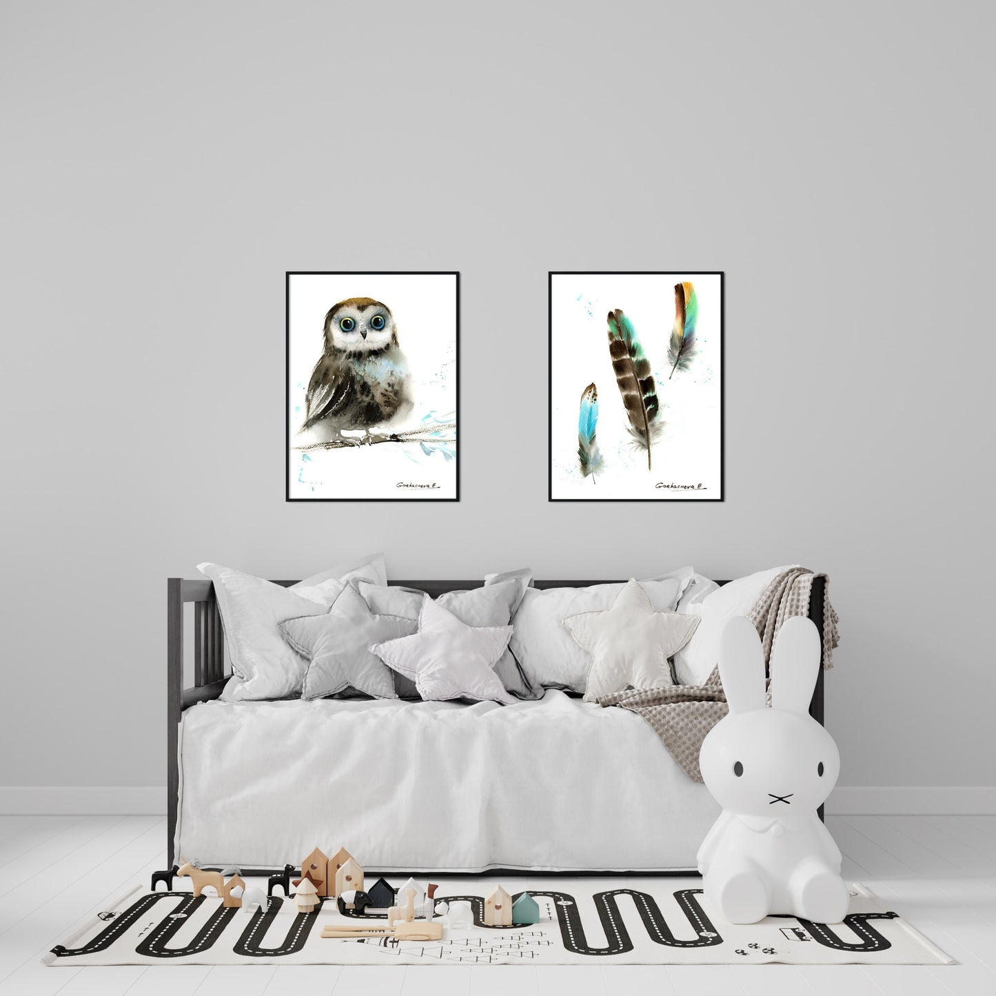 Owl Art Set of 2 Piece, Watercolor Prints, Bird Art, Minimalist Gray Birds, Animal Kids Room Wall Decor, Canvas Print