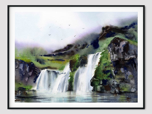 Waterfall Art Print, Iceland Nature Wall Art, Icelandic Landscape Painting, Modern Home Decor, Fine Art Print, Green