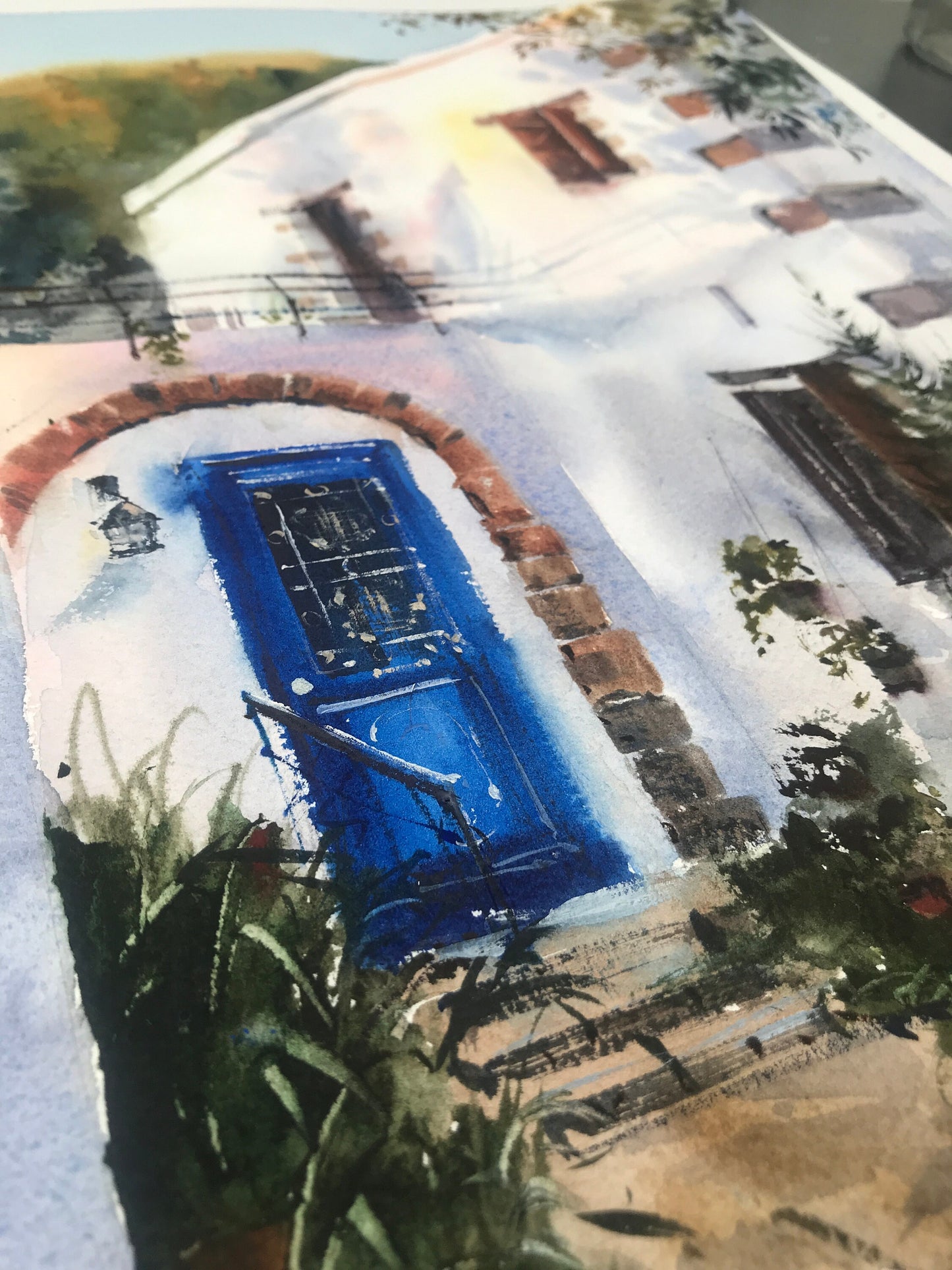 Greek Coastal City Painting Original, Sunset Watercolor Artwork, Greece Coast Village, Blue Door Wall Art, Travel Gift