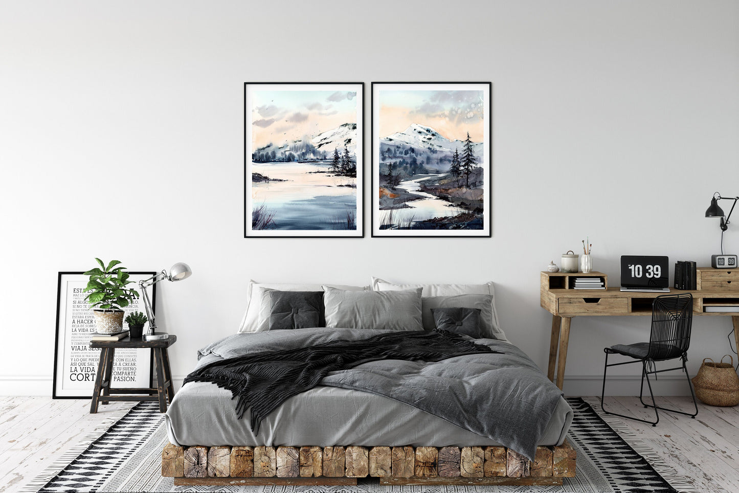 Abstract Nature Prints, Set of 2 Landscape Art, Modern Wall Art, Pine Trees Scenery Paintings, Mountain Lake, Home Decor