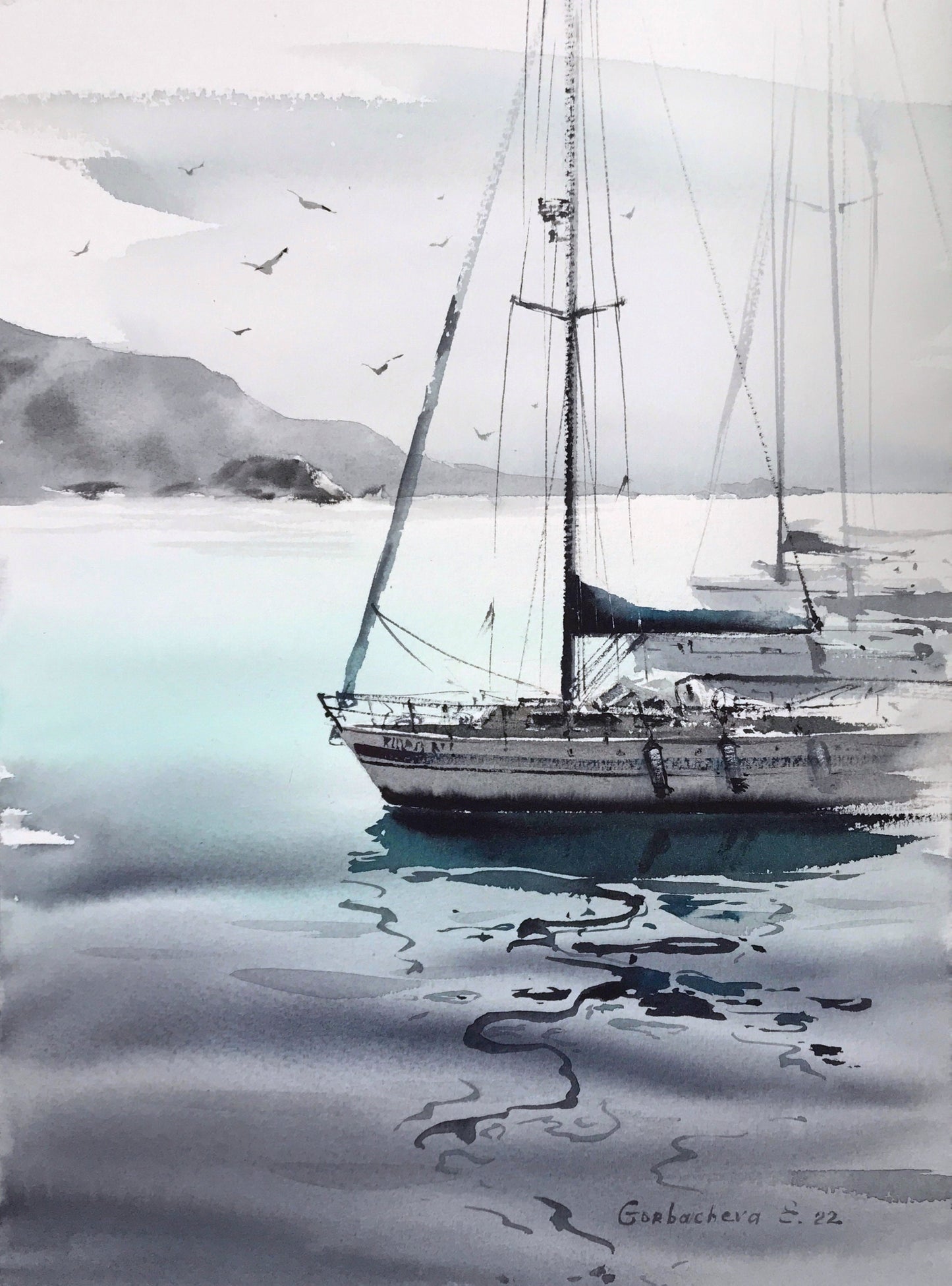 Modern Sea Watercolor Painting Original, Gray Turquoise Seascape Art, Clouds, Living Room Wall Decor, Unique Gift, Yacht