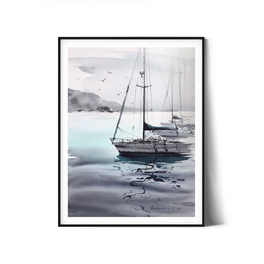 Modern Sea Watercolor Painting Original, Gray Turquoise Seascape Art, Clouds, Living Room Wall Decor, Unique Gift, Yacht
