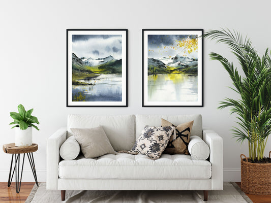 Abstract Mountain Lake Print Set of 2, Lemon Yellow Landscape Wall Art, Modern Art Scenery Paintings