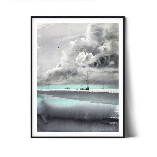 Sea Clouds Painting Original Watercolor, Turquoise Gray Seascape, Bedroom Wall Decor, Gift For Him, Yachting Art