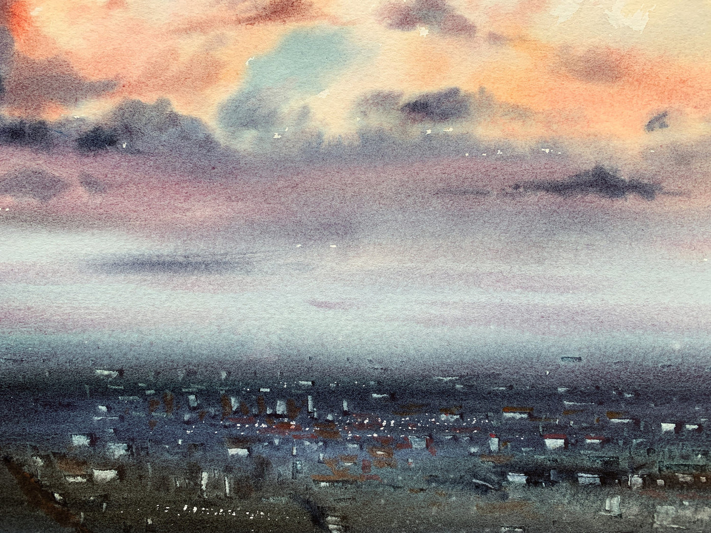 Cyberpunk City Above The Clouds Painting Original, Watercolor, Purple Clouds, Sunrise Cityscape Wall Art, Gift
