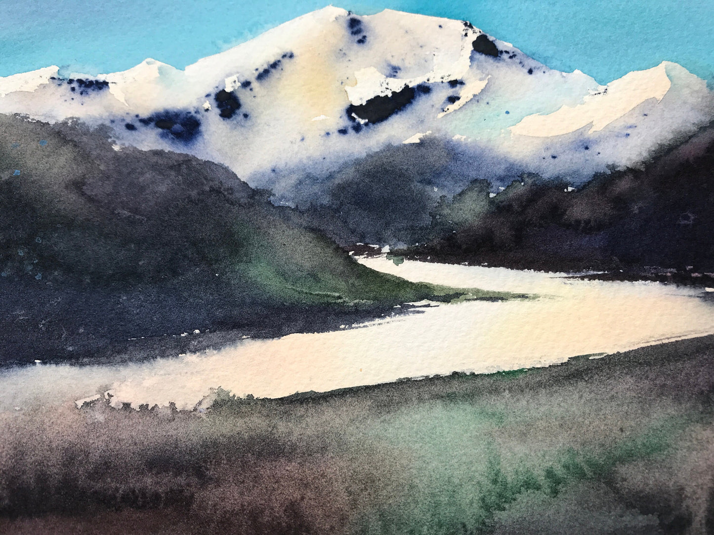 Small Mountain Painting Original Watercolor, Nature Wall Art, Scenery Landscape, Dark Valley, Unique gift, Snow Peak
