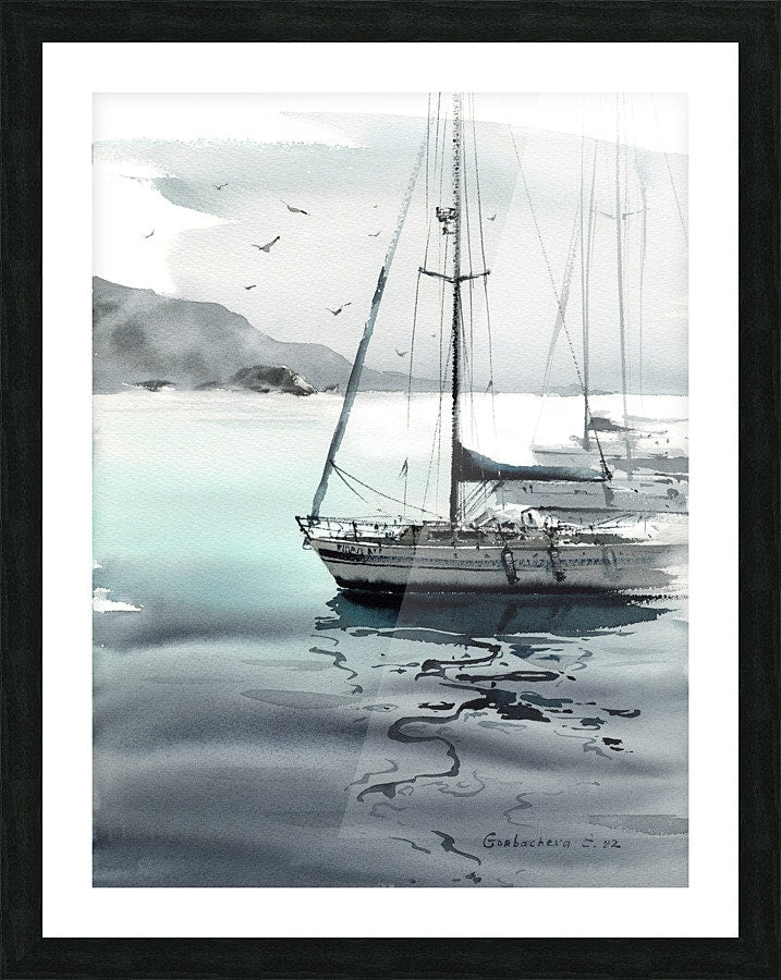 Gray Yacht Set of 2 Art Prints, Monochrome Wall Art, Turquoise Sea Home Decor, Modern Ocean Seascape Coastal Canvas Art