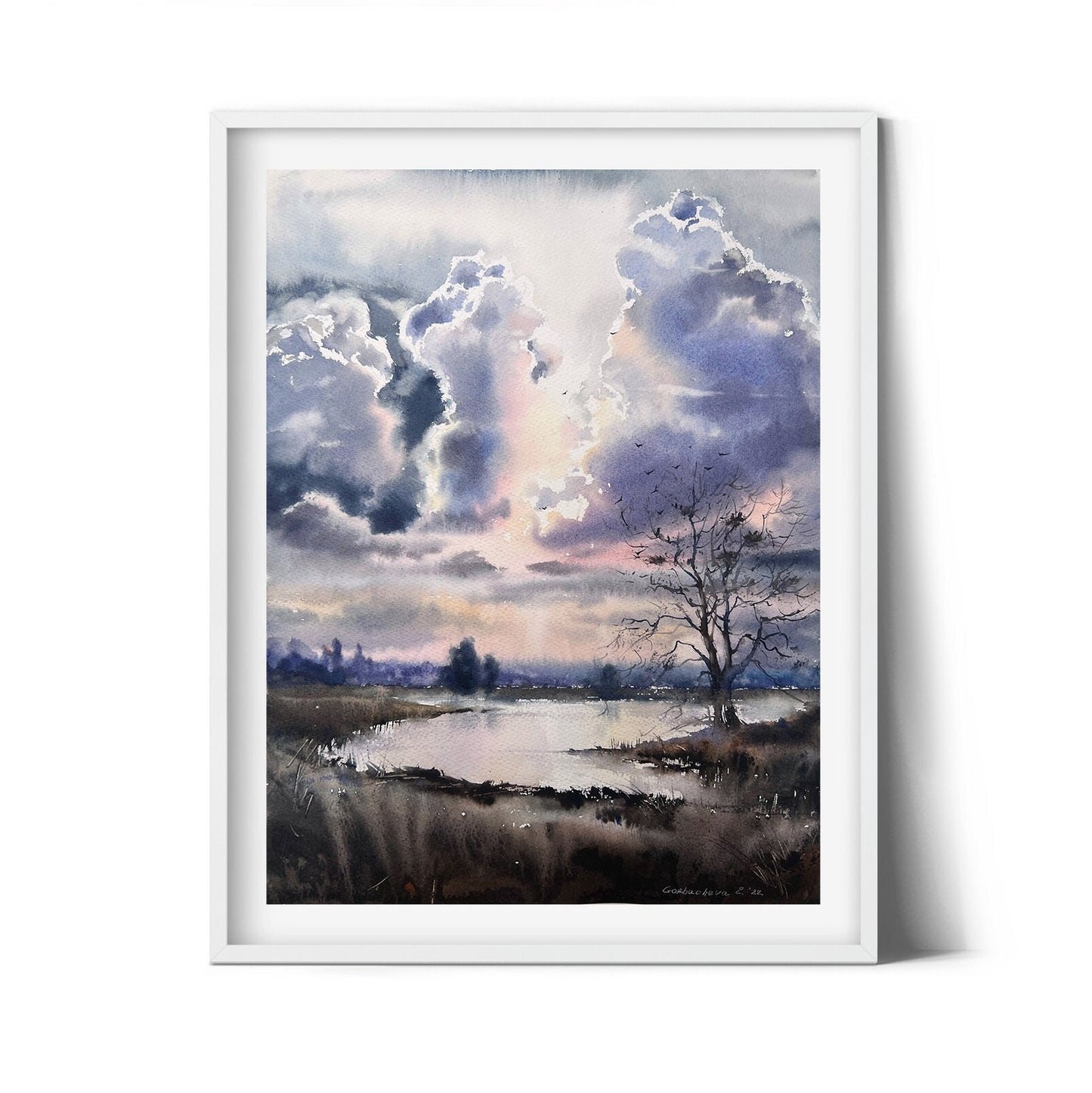 Modern Painting Clouds Field, Original Watercolor Artwork, Landscape Wall Art, Country Decor, River, Gift For Art Lovers
