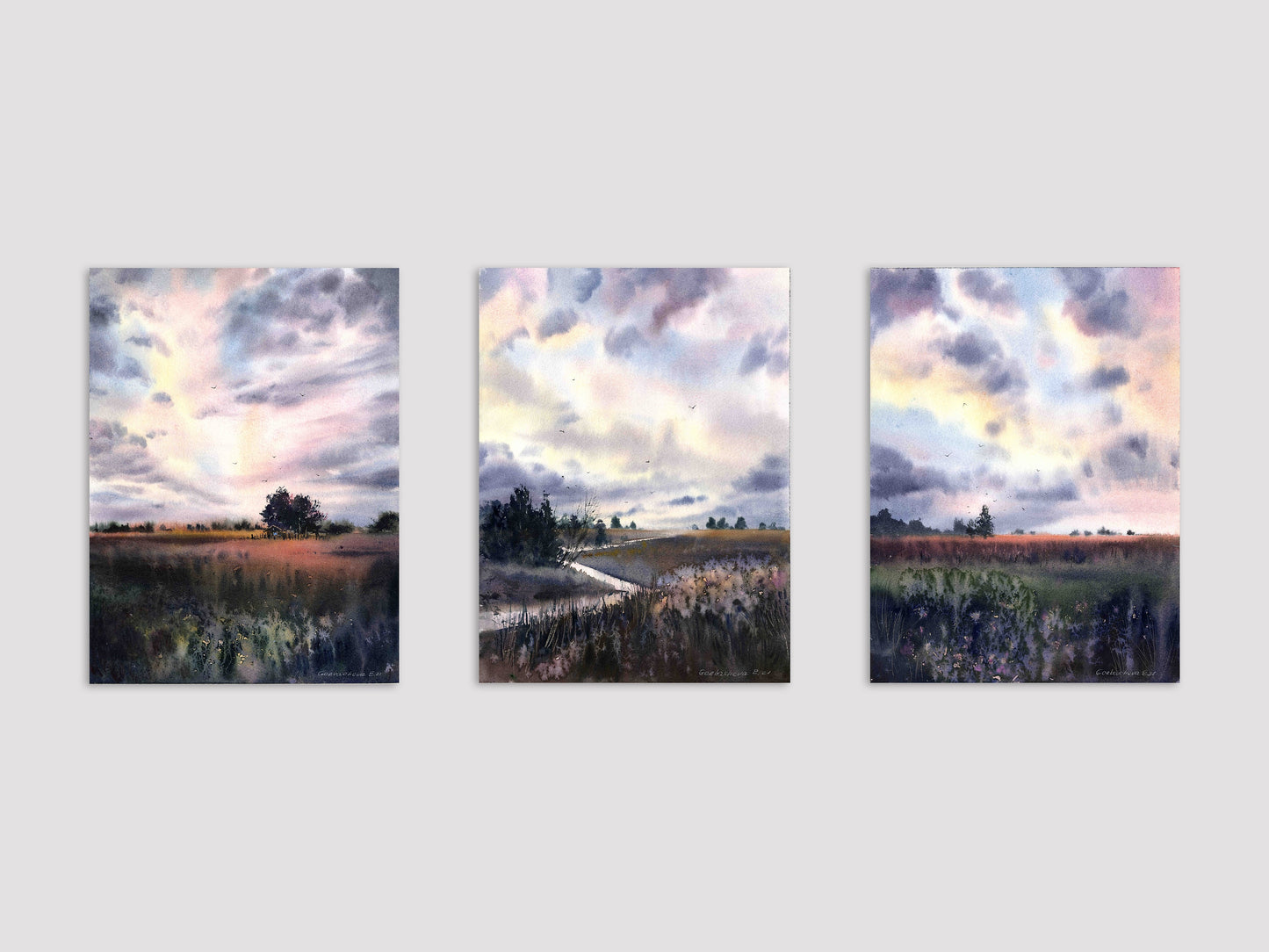 Set of 3 Landscape Prints, Modern Nature Art, Purple Clouds , Farmhouse Wall Decor, Painting On Canvas, Decor Above Sofa