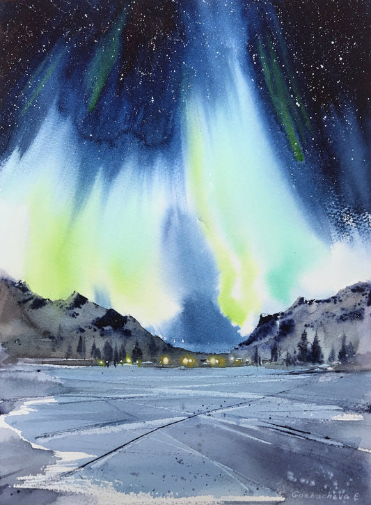 Small Painting Northern lights, Original Watercolor, Night Sky Star Art, Winter Landscape, Aurora Borealis, Christmas