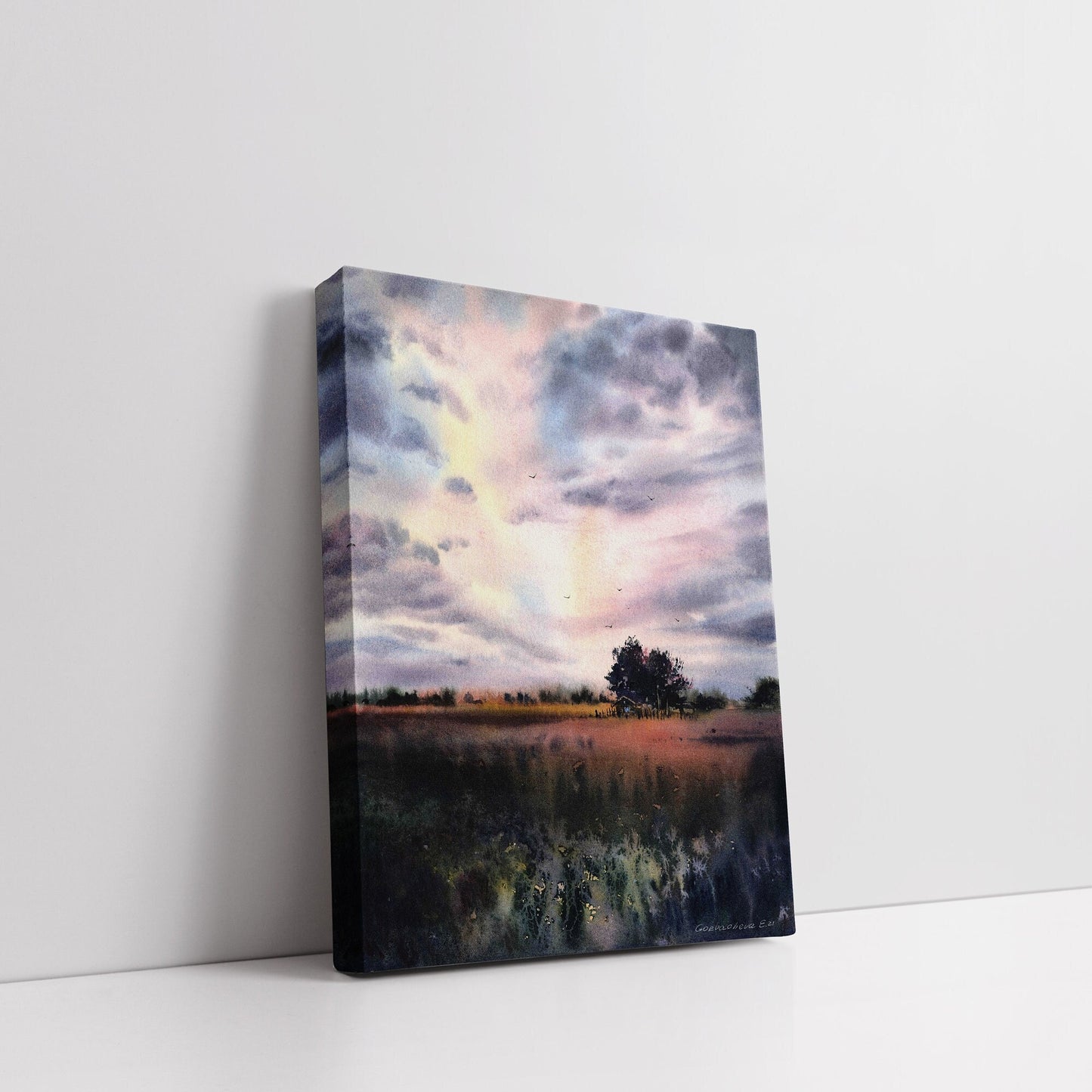 Country Art Set of 2 Pieces, Nature Wall Prints, Modern Design Decor, Field, Purple Sky, Giclee Large Canvas Print