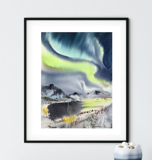 Small Painting Aurora Borealis, Watercolor Original, Northern lights Art, Night Sky, Nordic Landscape, Christmas