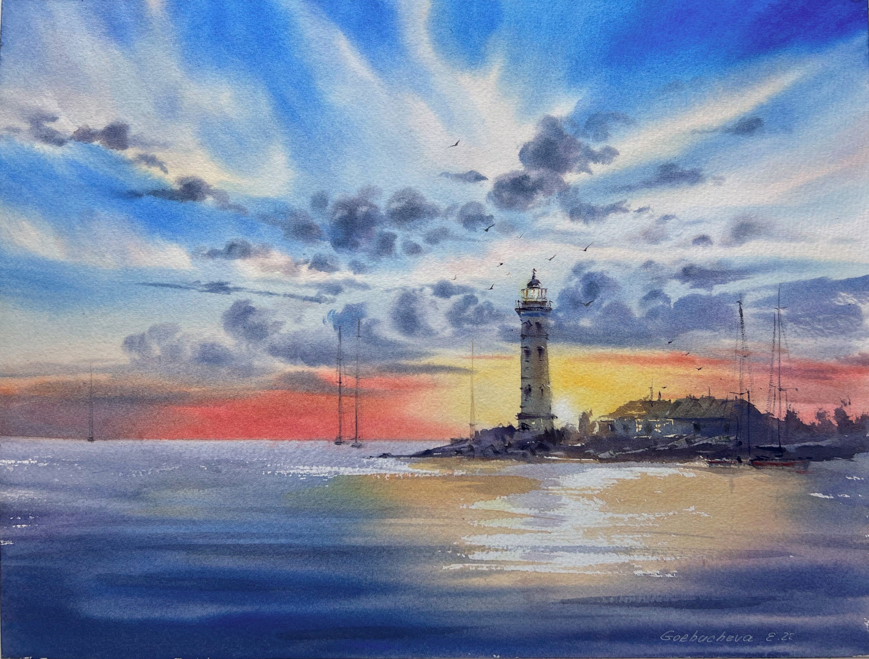 Original watercolor, marina painting. Seascape watercolor, lighthouse wall cheapest art. Lighthouse watercolor, coastal watercolor. ArtduStudio 8×11