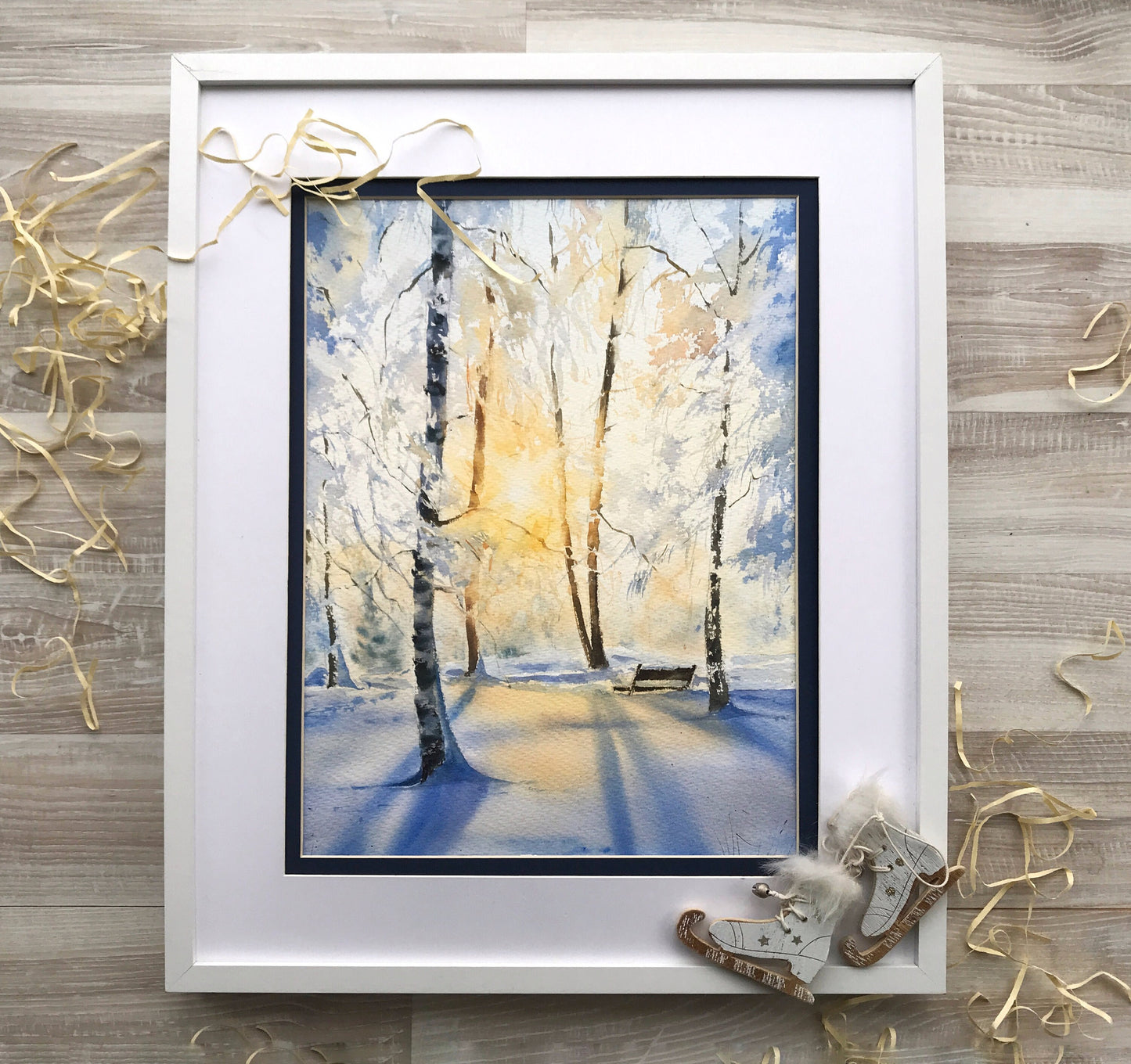 Winter Forest Painting Original, White Snow Wall Decor, Snowy Trees Art, Watercolor Sunny Landscape, Morning