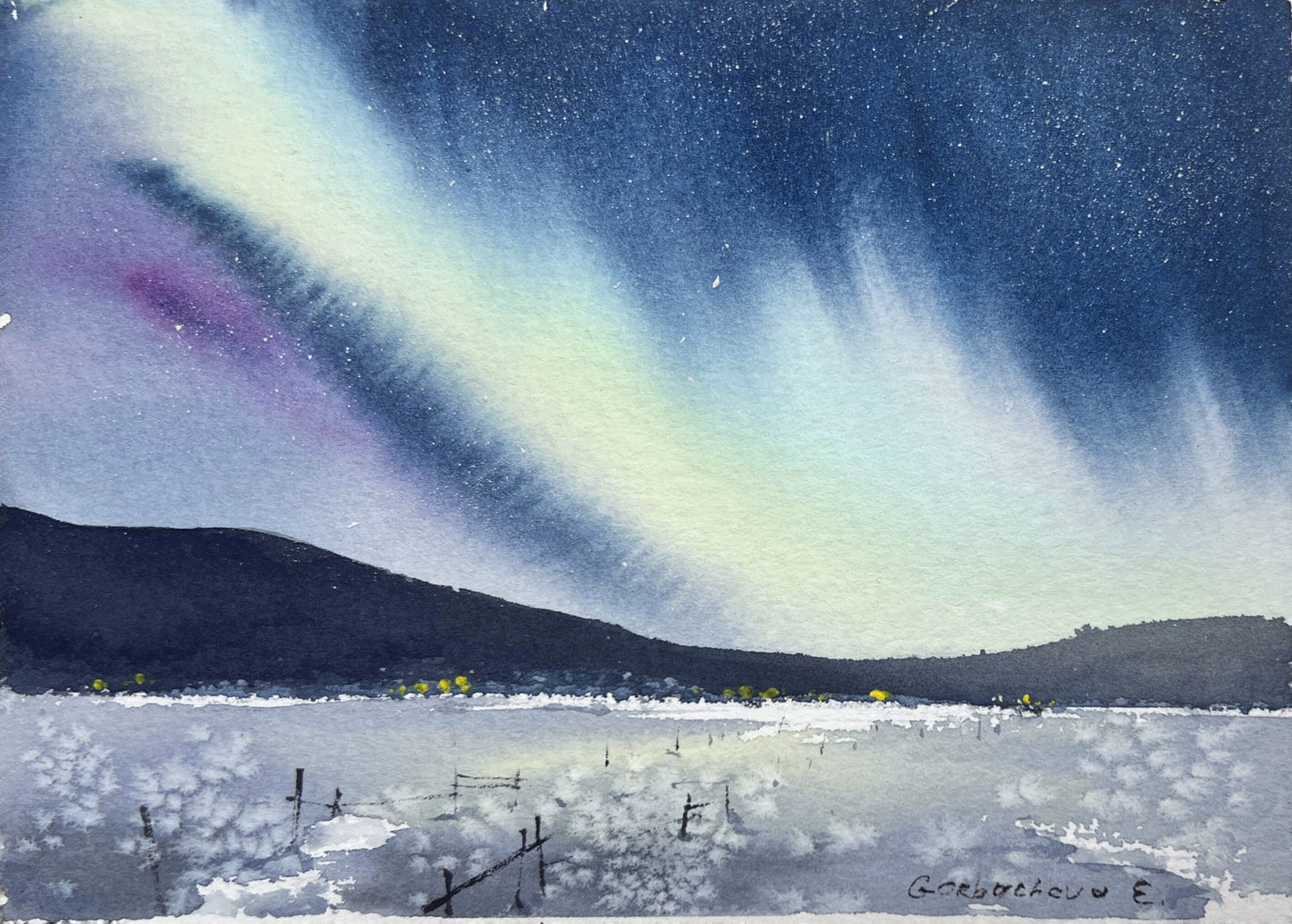 Small Aurora Painting Original, Watercolor Art, Northern lights, Scenery, Green, Night Sky, Winter Landscape