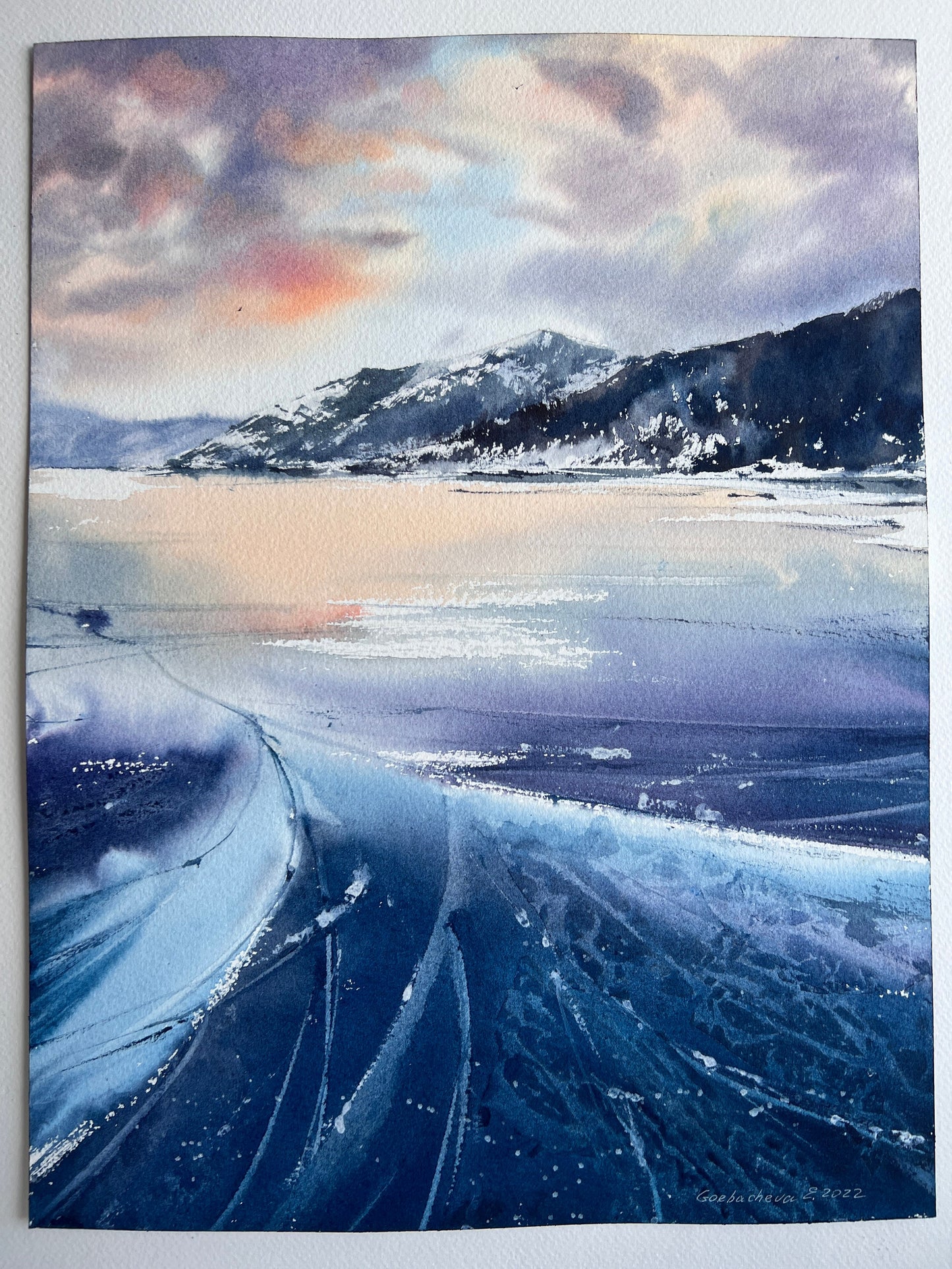 Baikal Lake Painting, Watercolor Original, Frozen Winter Landscape, Frosty Day, Blue Ice Art, Christmas Wall Decor, Gift