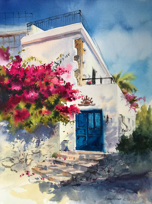 Greek Coastal Original Painting, Greece City, Watercolor Village Artwork, Bougainvillea, Blue Door Wall Art, Gift, Karmi