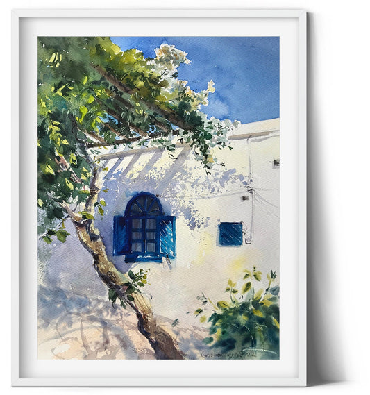 Original Cyprus Painting, Coastal City, Blue Window, Tree Watercolor Artwork, Unique Gift, Karmi, White House
