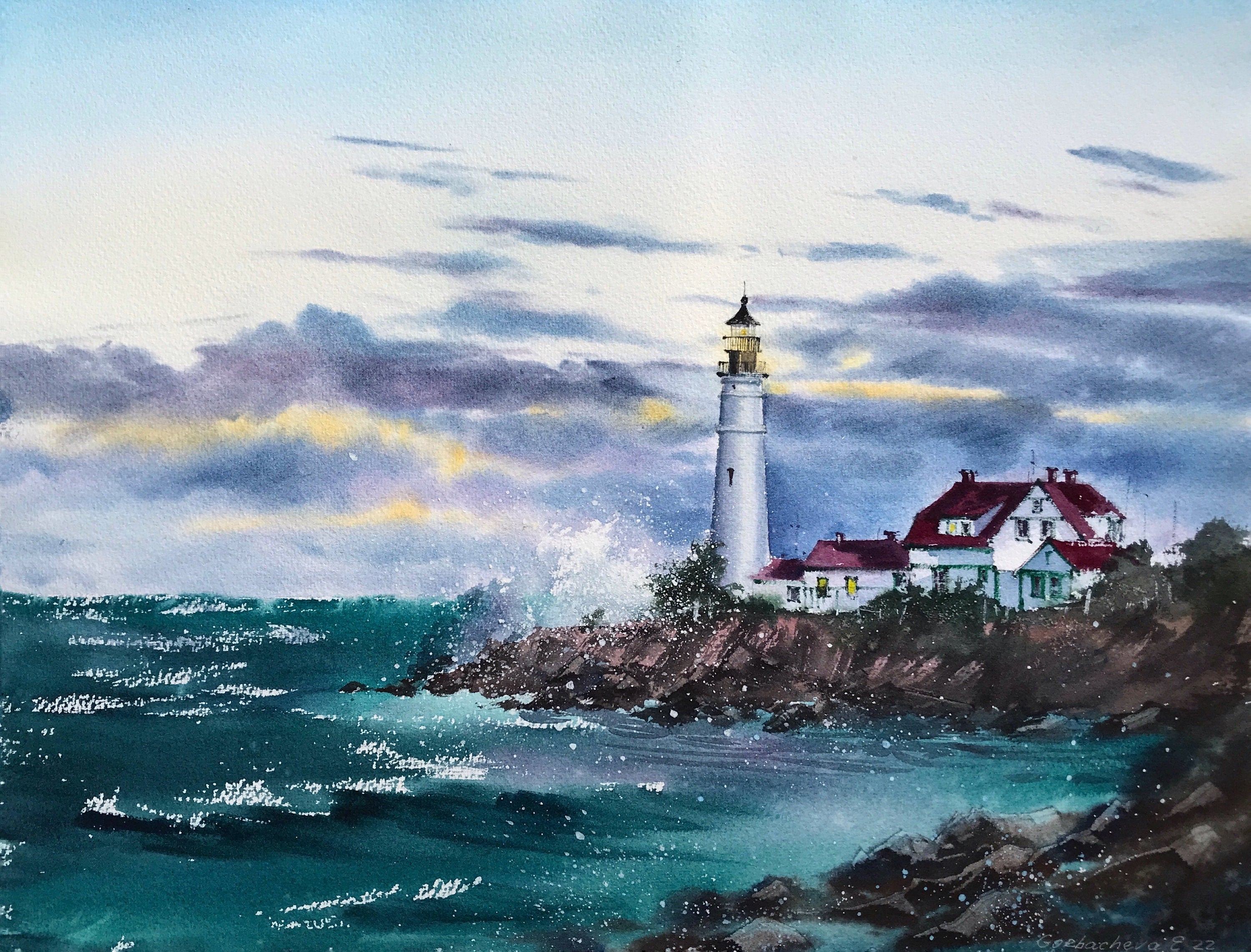 Original watercolor, marina painting. Seascape watercolor, lighthouse wall art. Lighthouse watercolor, coastal newest watercolor. ArtduStudio 8×11