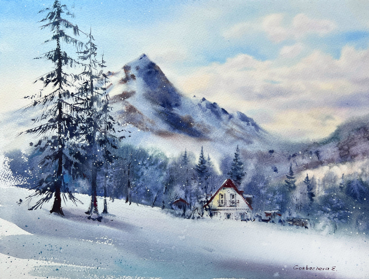 Winter Forest Painting Original, Watercolor Snowy Landscape, Pine Trees Wall Art, Christmas Gift, Blue Mountains