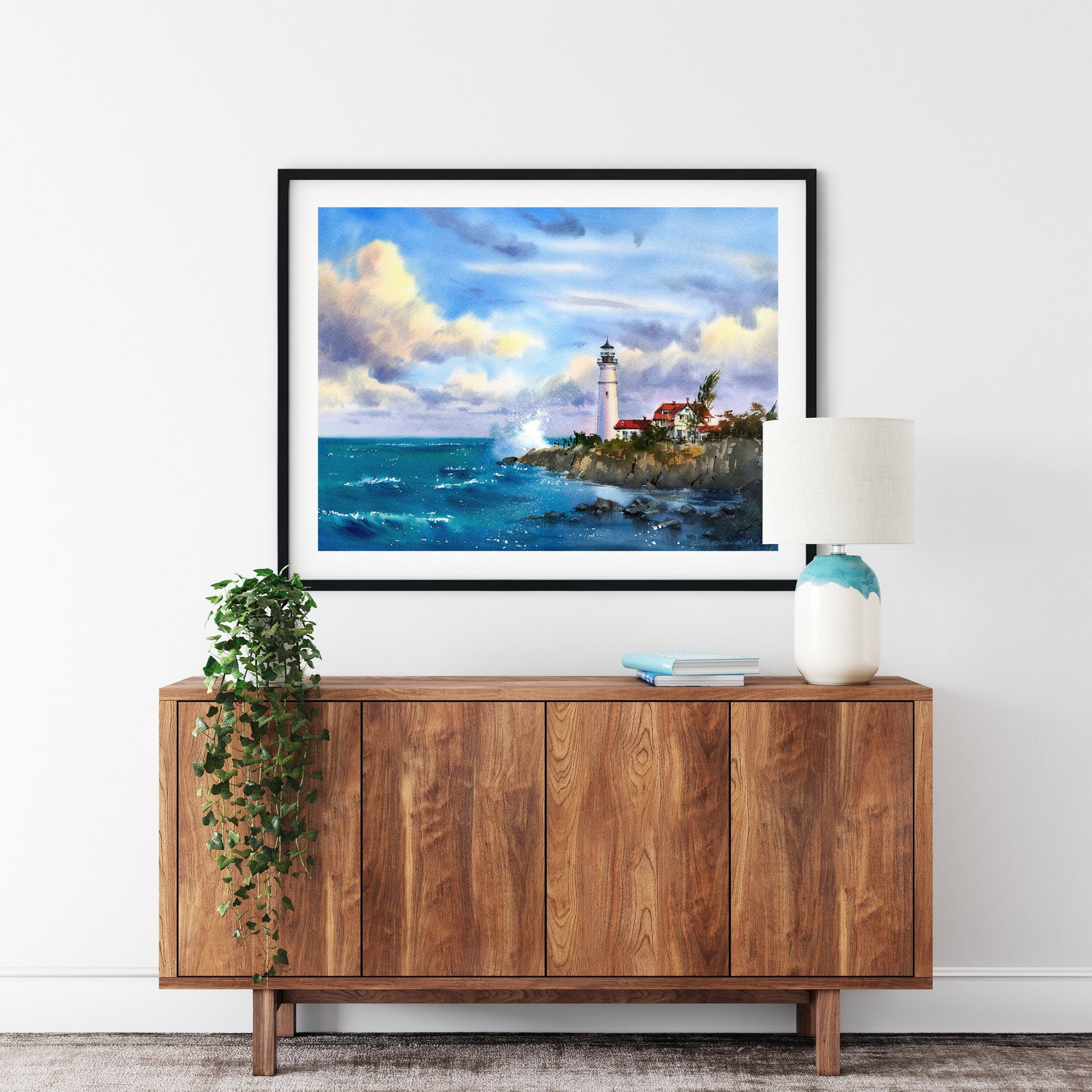 Lighthouse Art Print, Seaside Wall Decor, Coastal Watercolor Painting, Clouds Sea Wave, Sea Prints, Portland Head Light