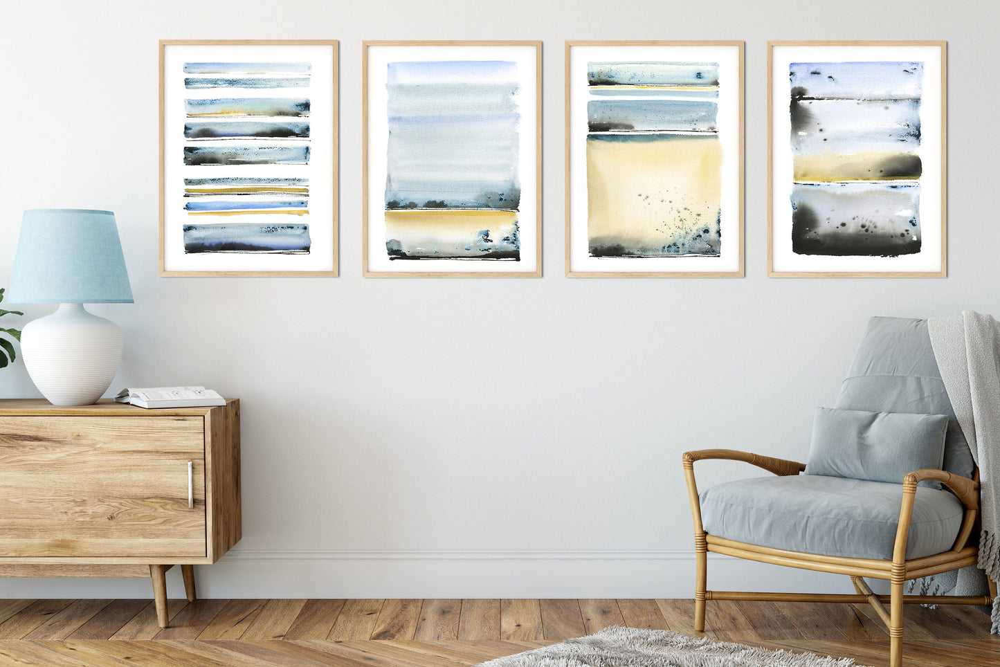 Abstract Beach Gallery Wall, Set of 4 Art Prints, Ocean Poster, Blue Sea House Decor, Minimalist Coastal Watercolor Art