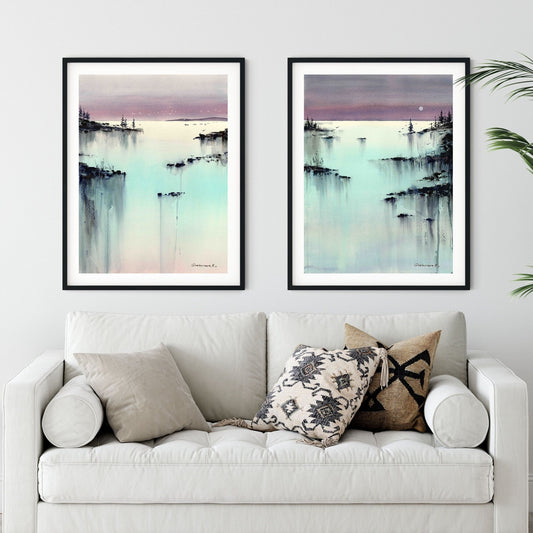 Abstract Coastal Set of 2 Art Print, Mystical Pine Coast, Turquoise Pink Wall Decor, Contemporary Design For Office