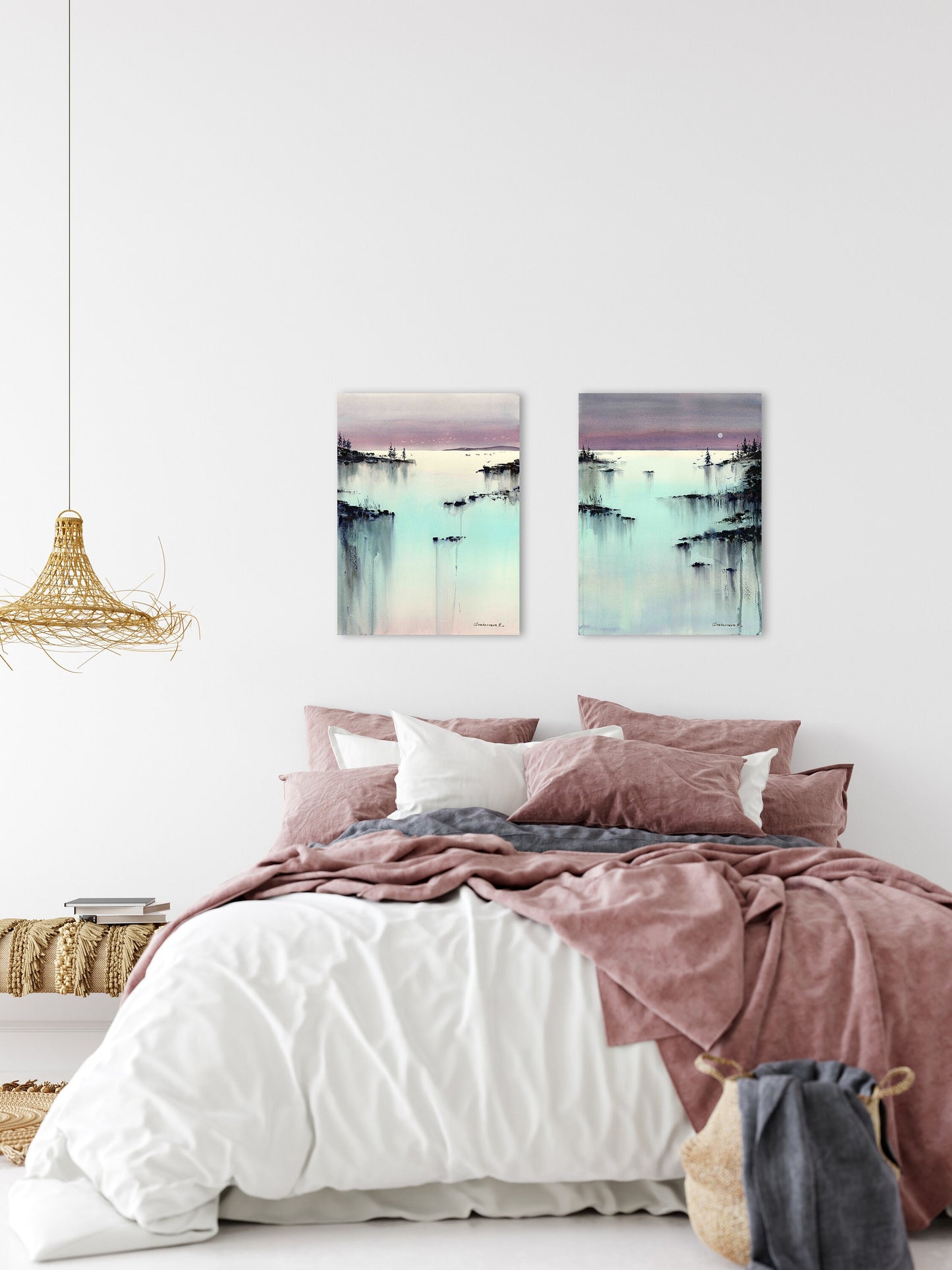 Abstract Coastal Set of 2 Art Print, Mystical Pine Coast, Turquoise Pink Wall Decor, Contemporary Design For Office