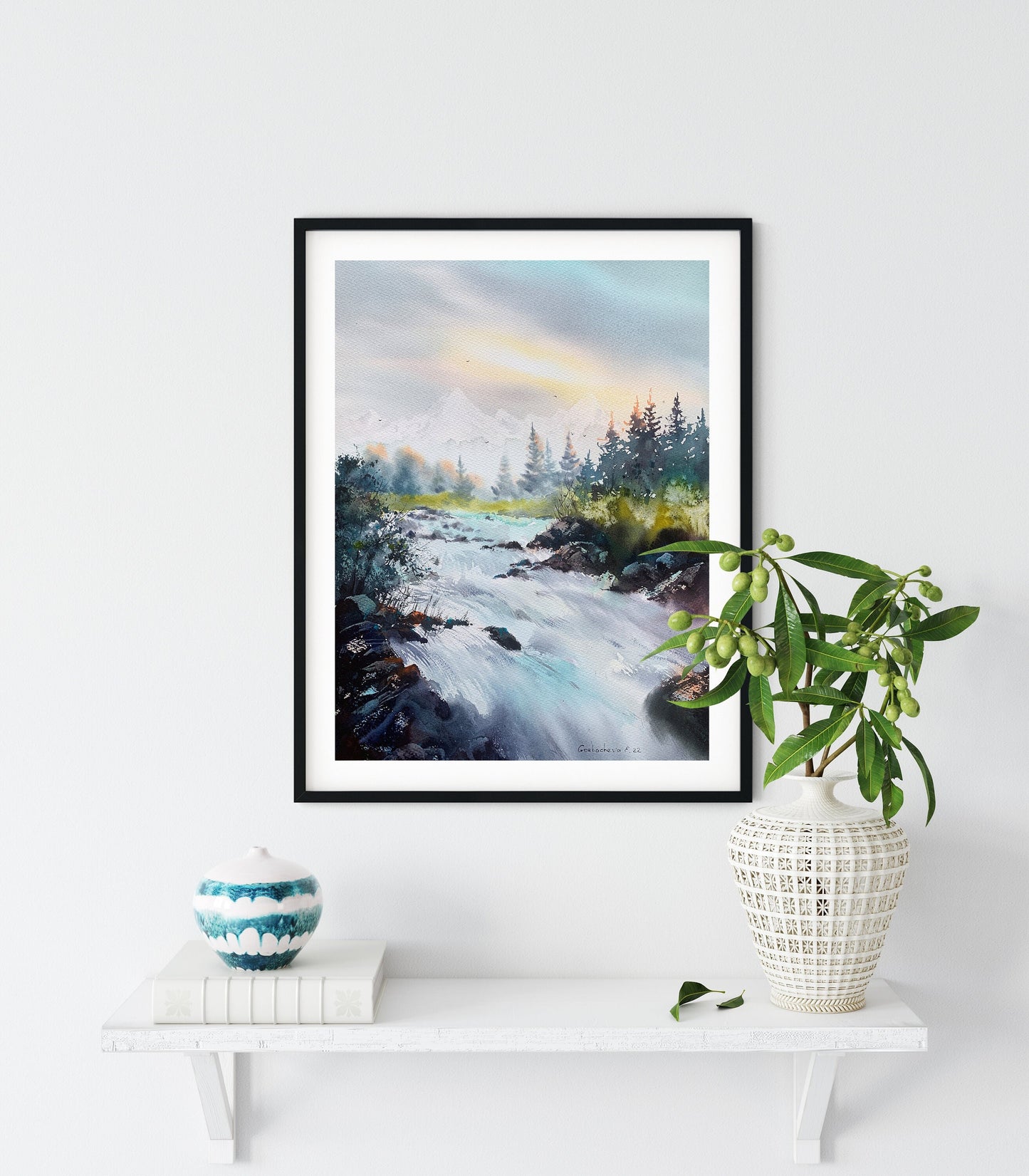 Modern Mountain Painting Original Watercolour, Forest Art, Nature Wall Decor, Landscape With River, Olive Green, Watercolor Paintings