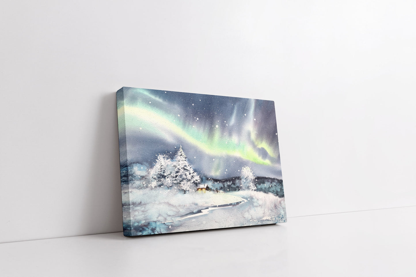 Christmas Art Print, Winter Landscape, Watercolor Aurora Borealis, Northern Lights Wall Art, Night Sky, New Year Decor