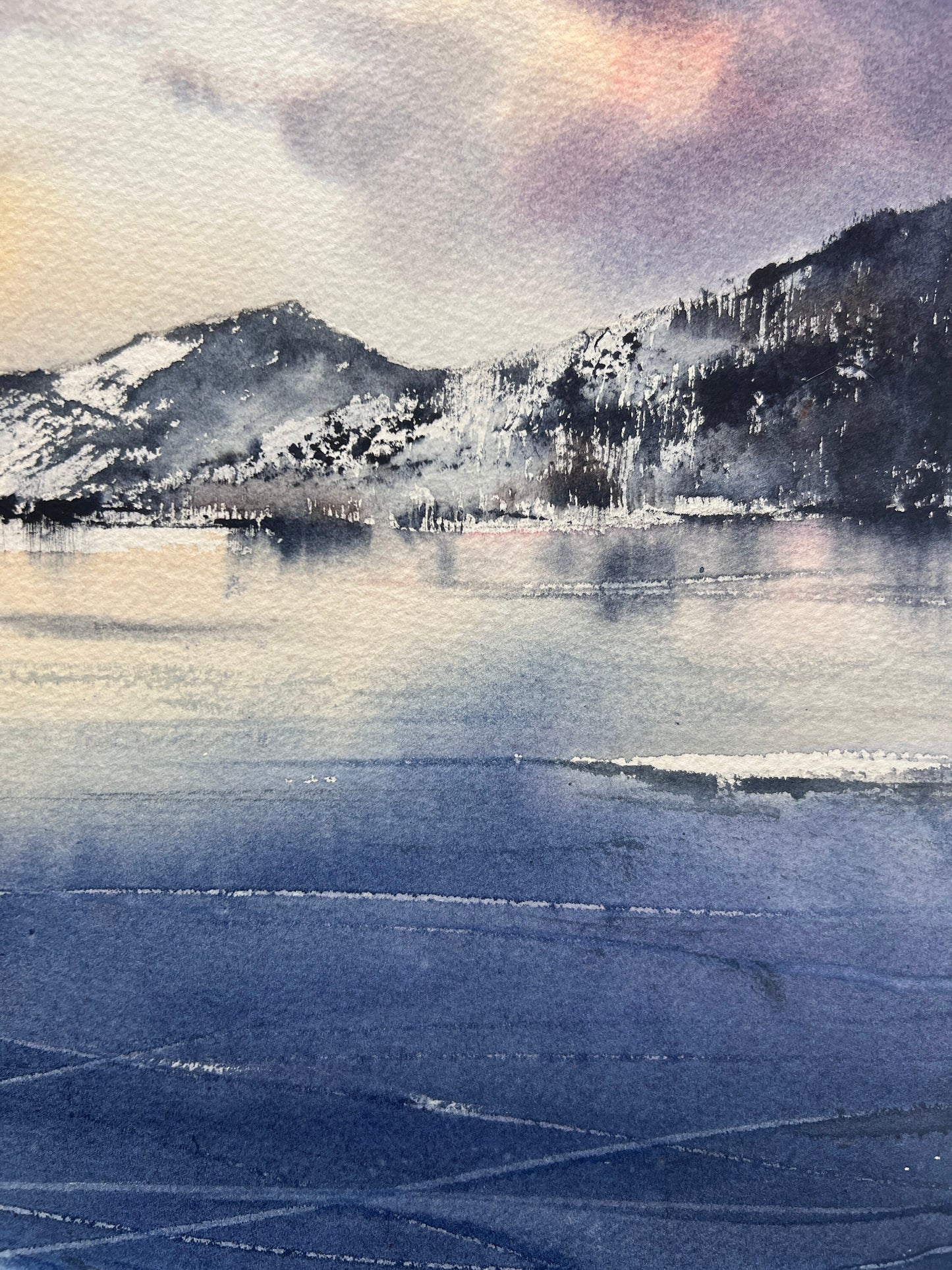 Winter Lake Painting, Original Watercolor, Frozen Baikal Landscape, Blue Ice Wall Art Decor, Purple Clouds