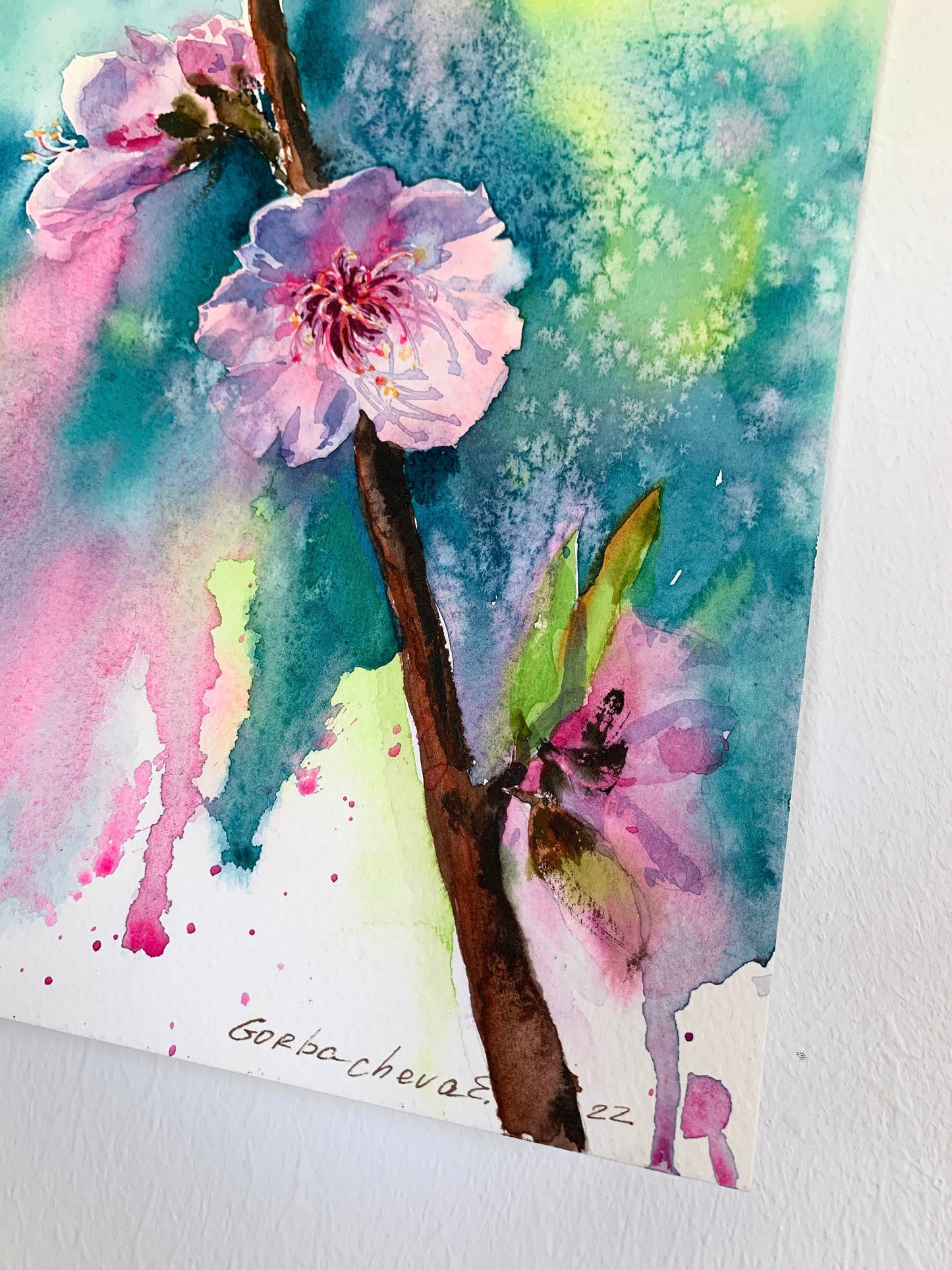 Flowers Painting, Watercolor Original Artwork, Blooming Pink Flower Tree, Botanical Wall Art, Gift, Living Room Decor