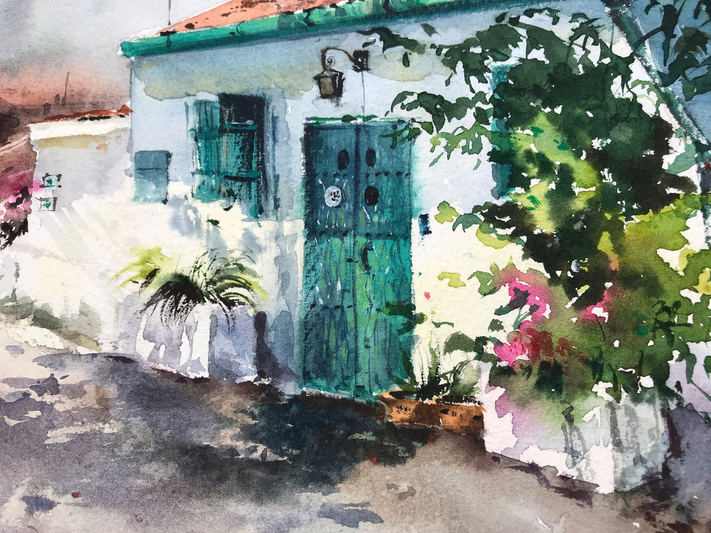 Greek Painting Watercolor Original, Santorini Style Artwork, Coastal City, Blue White Wall Art, Gift For Her, Cyprus