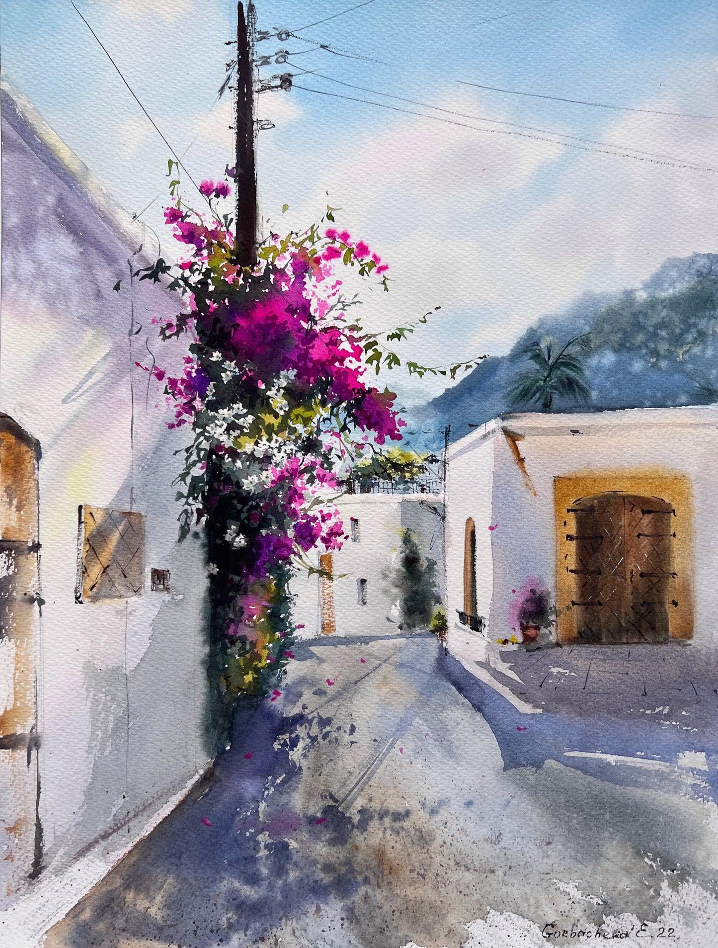 Watercolor Painting, Original Artwork, Coastal Wall Art, Gift For Home, Bougainvillea , Cyprus, Greek Style Cityscape