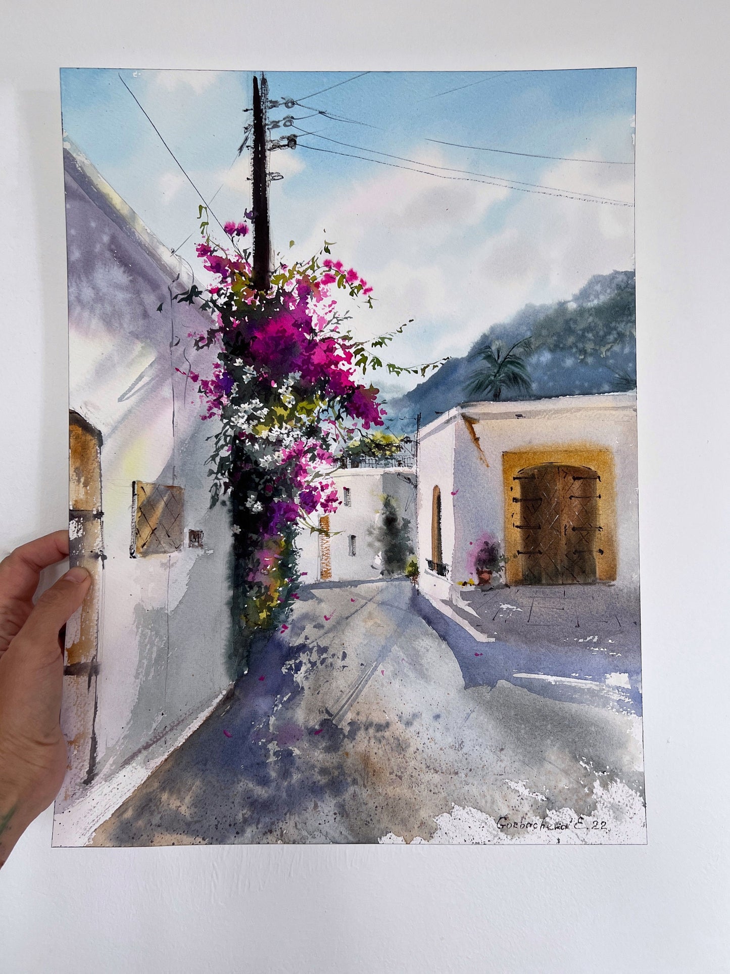 Watercolor Painting, Original Artwork, Coastal Wall Art, Gift For Home, Bougainvillea , Cyprus, Greek Style Cityscape