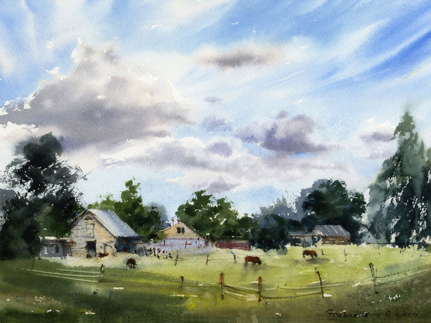 Farmhouse Wall Art, Summer Rural Art Print, Watercolor Scenery Painting, Country Decoration, Green Landscape