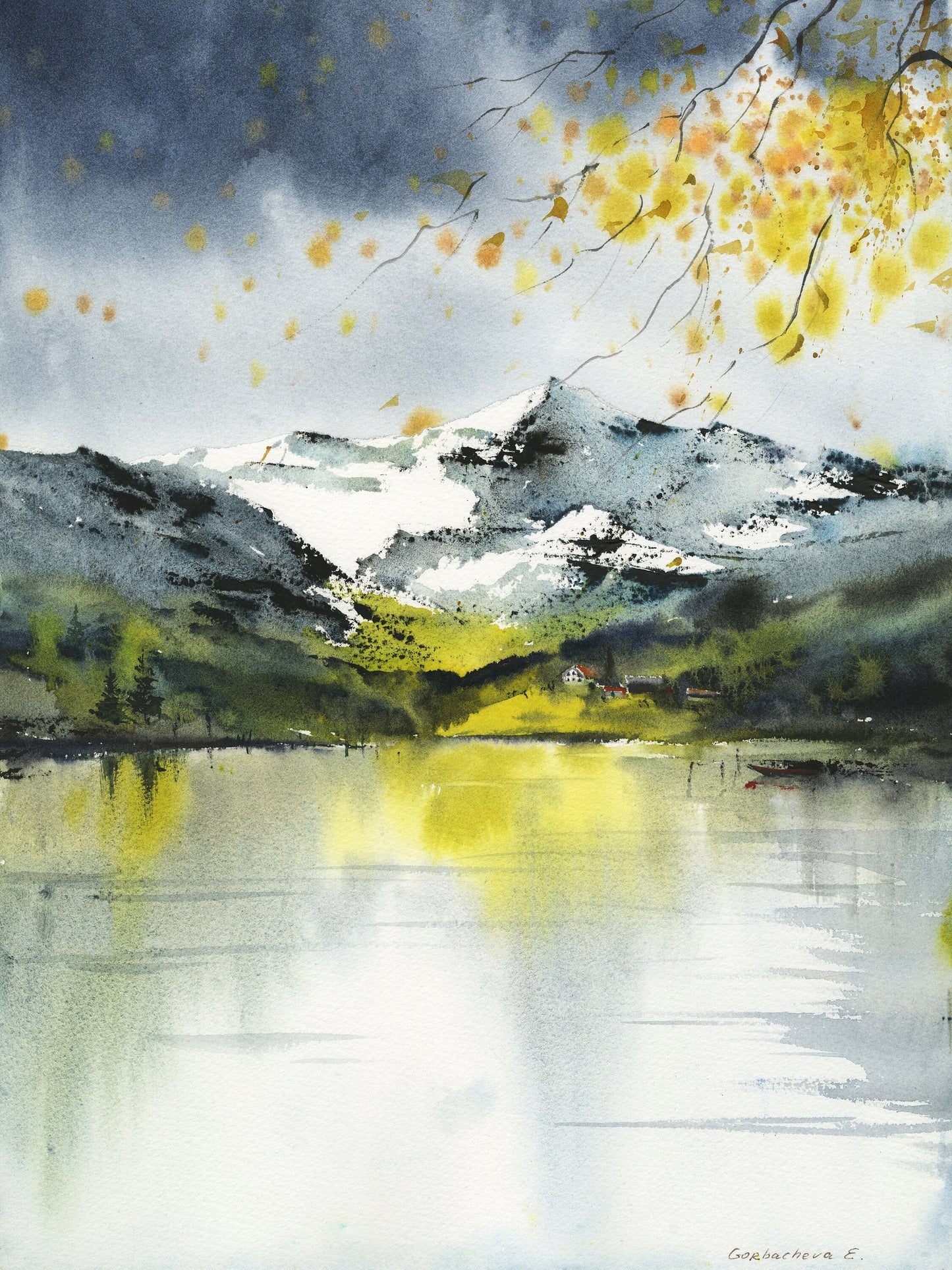 Abstract Mountain Lake Print Set of 2, Lemon Yellow Landscape Wall Art, Modern Art Scenery Paintings