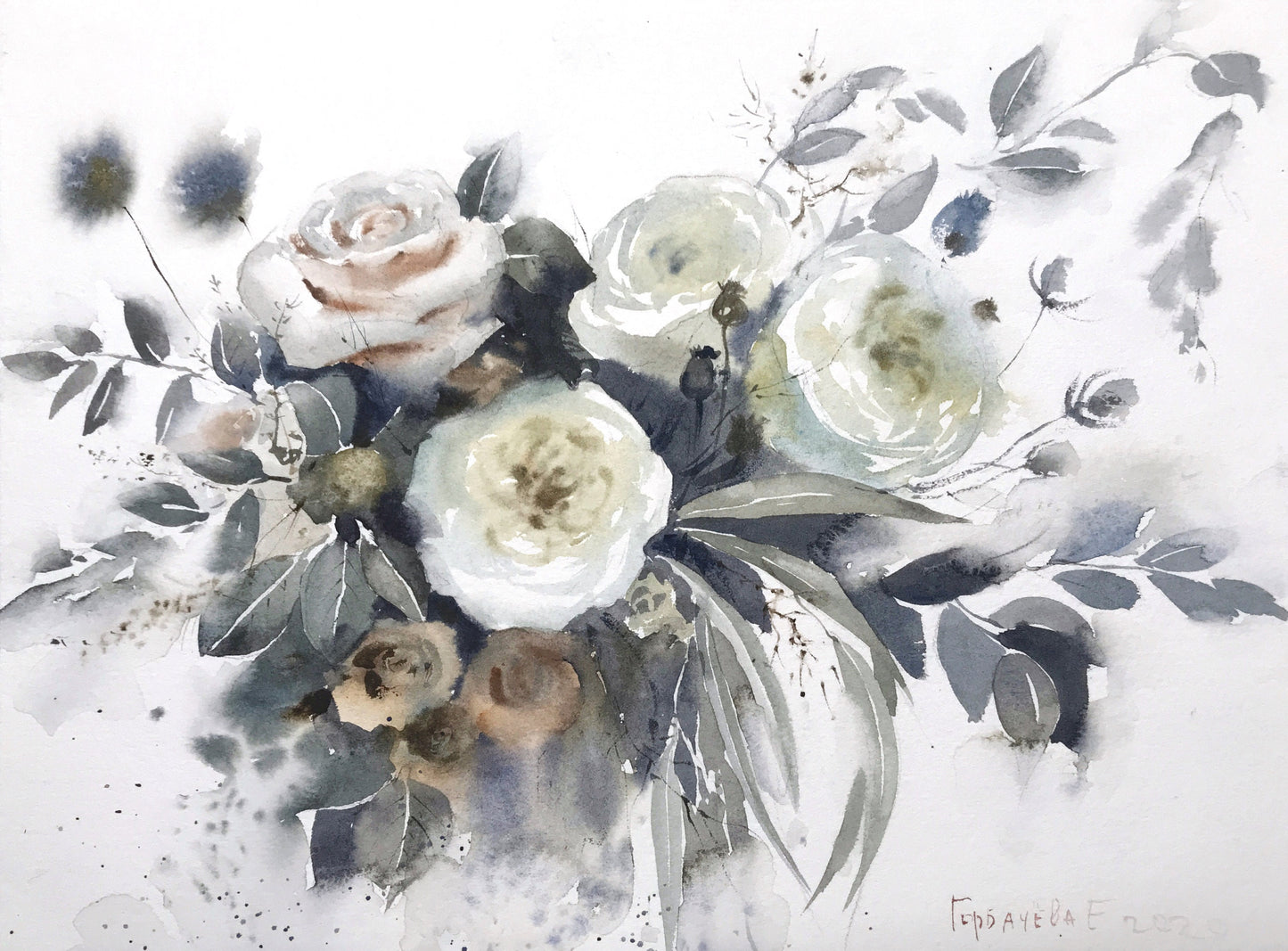 White Roses Painting, Original Watercolor Art, Rose Bush, Botanical Wall Decor, Wedding Gift, Flower Fine Art, Floral Decoration